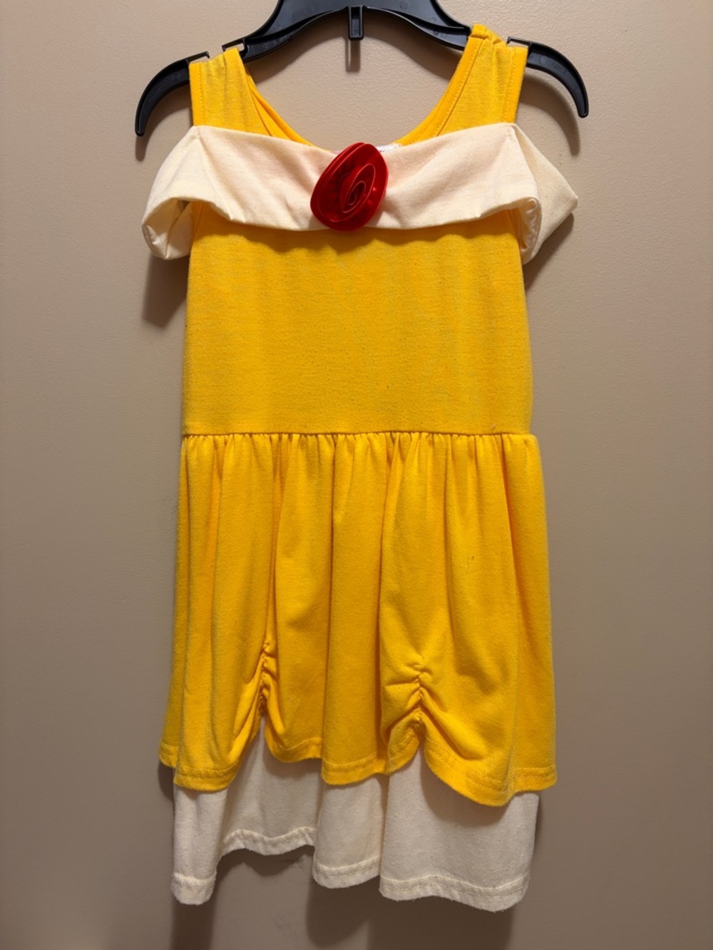 Girls Yellow and Cream Off-Shoulder Casual Dress with Red Rosette